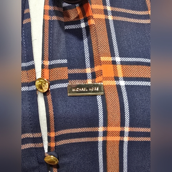 Michael Kors Button Down Tie Neck Plaid Blouse Navy Blue Orange & White - Picture 4 of 11